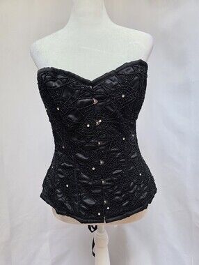 Steel Boned Full Bust Corset Beaded Rhinestone Lace Up Gothic Sz 28